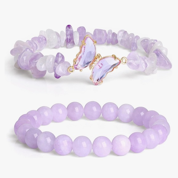 🆕New Purple Jade Crystal Bracelet Set with Butterfly Charm - Picture 5 of 6